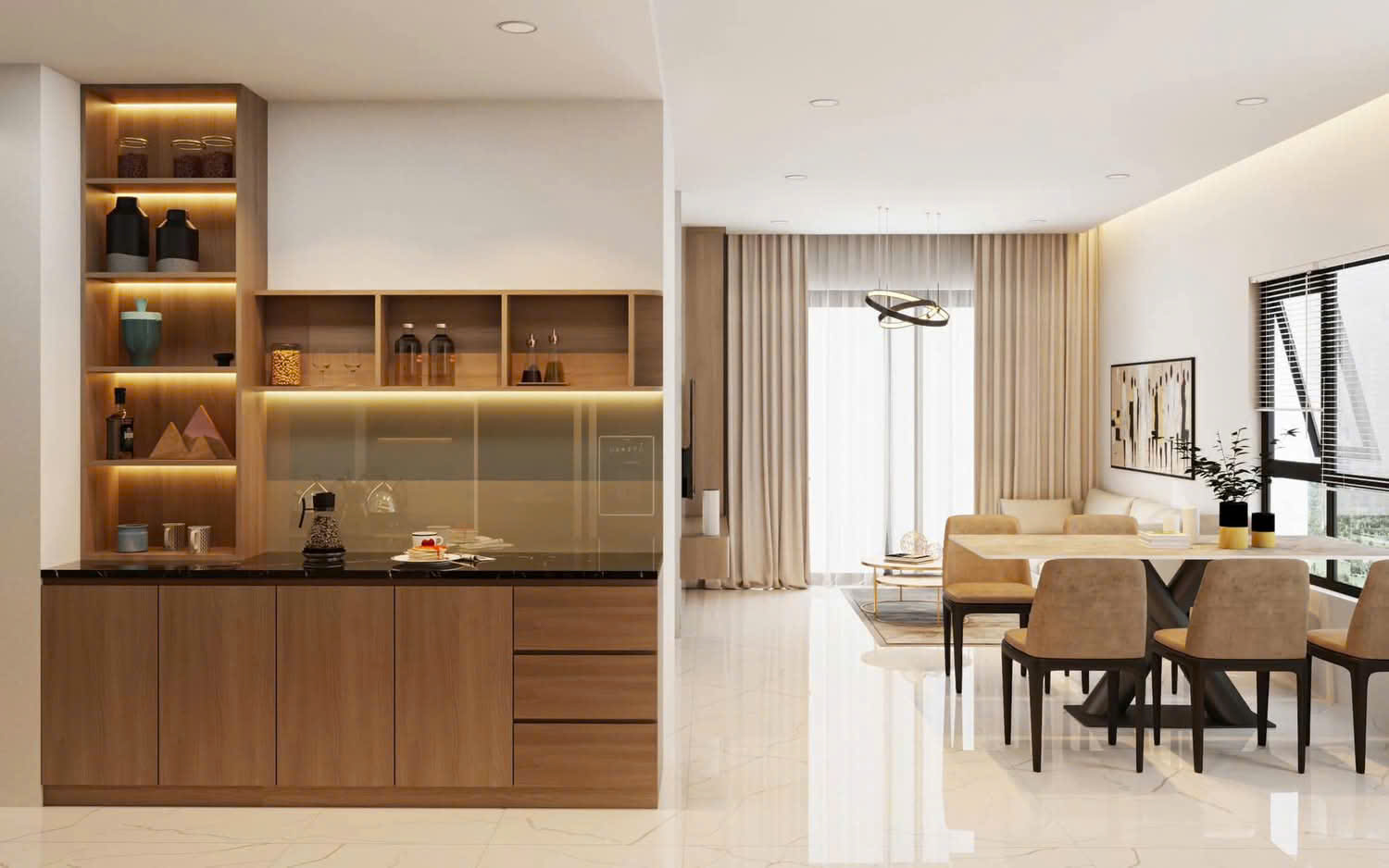 Phòng khách và khu bếp kết nối mở